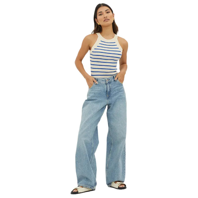 Halter Neck Vertical Stripe Ribbed Knit Crop Tank Top