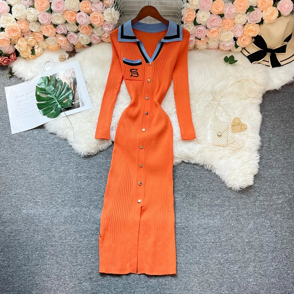 Contrast Collar Embroidered Knit Bodycon Midi Dress