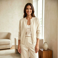 Solid Stand Collar Knit Zip Cardigan, Ladies Long Sleeve Ribbed Hem Casual Sweater Coat