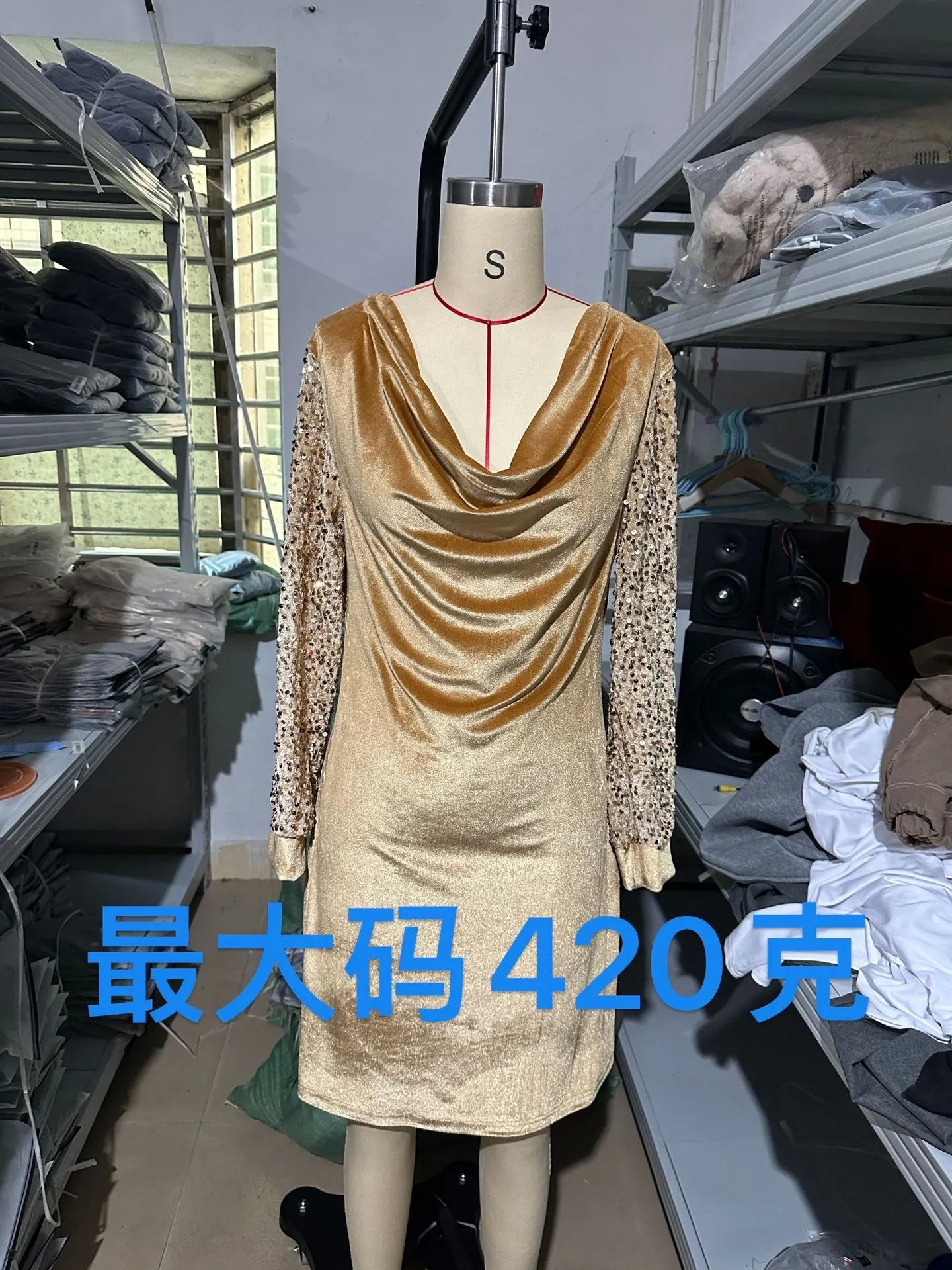 Golden Velvet Sequined-Sleeve Shift Dress