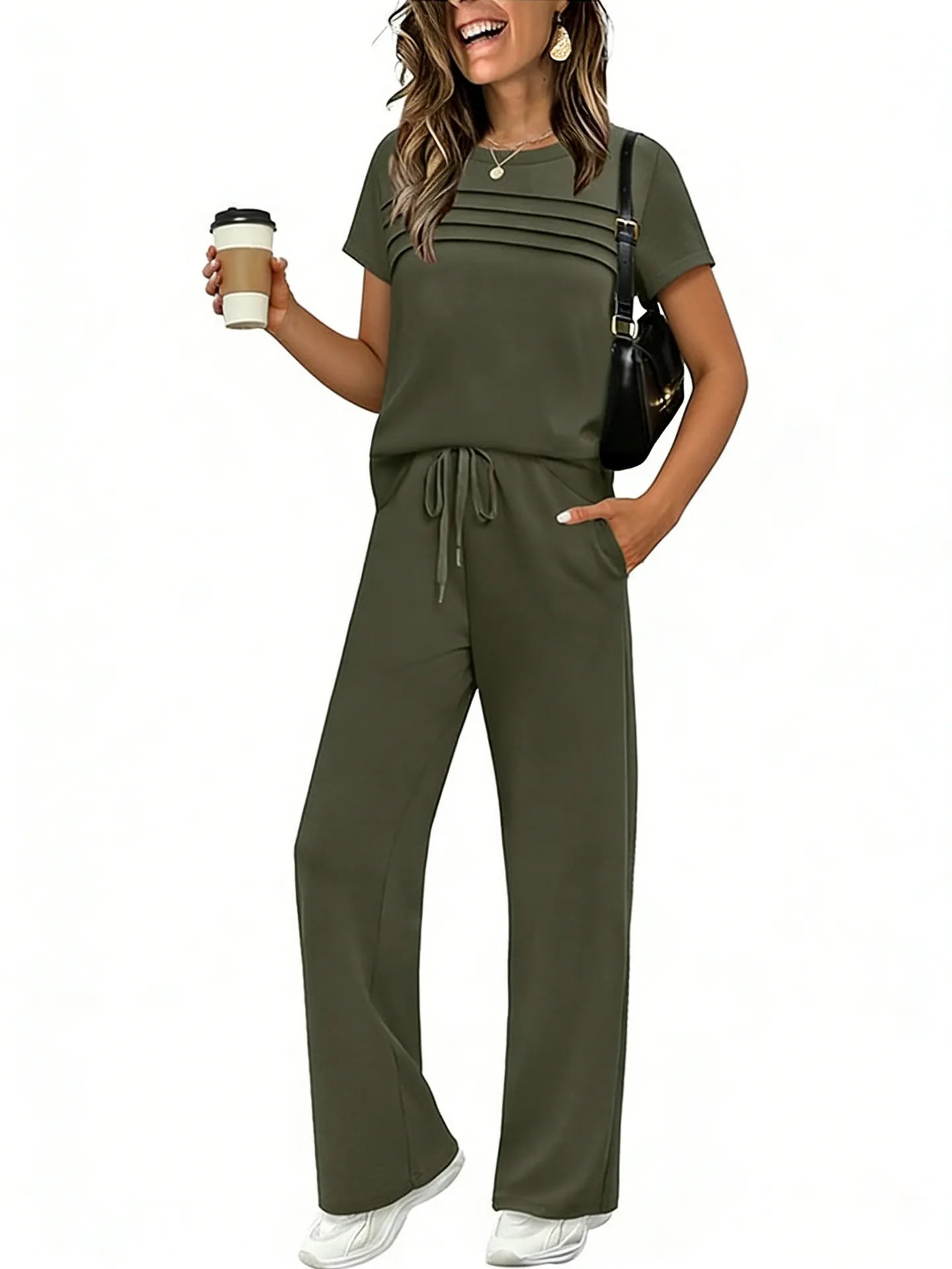 Short Sleeve Ruched Top & Drawstring Wide-Leg Pants Set
