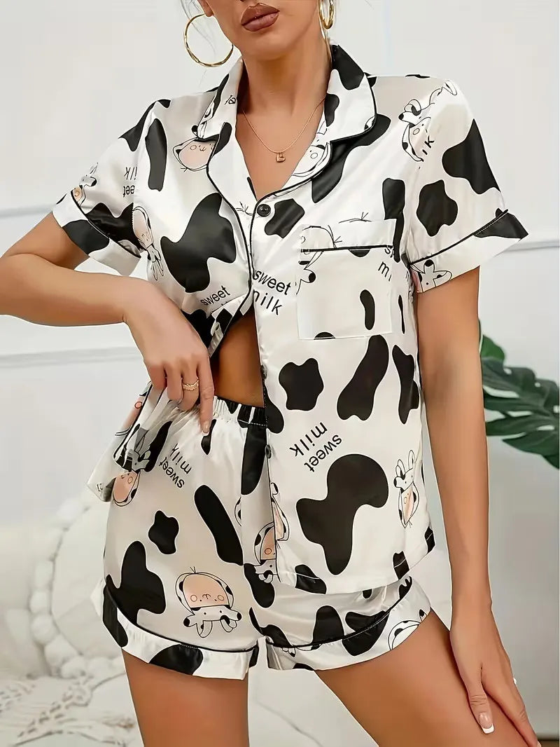 Ladies Plus Size Friendly Satin Pajama Set Cute Panda Heart Pattern Short Sleeve Top & Elastic Shorts Nightwear