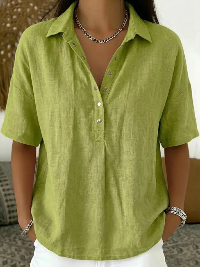 Solid Color Lapel Half-Button Short Sleeve Blouse