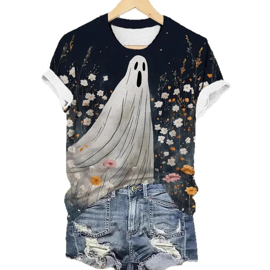 Halloween Floral Ghost Print Crew Neck Short Sleeve T‑Shirt