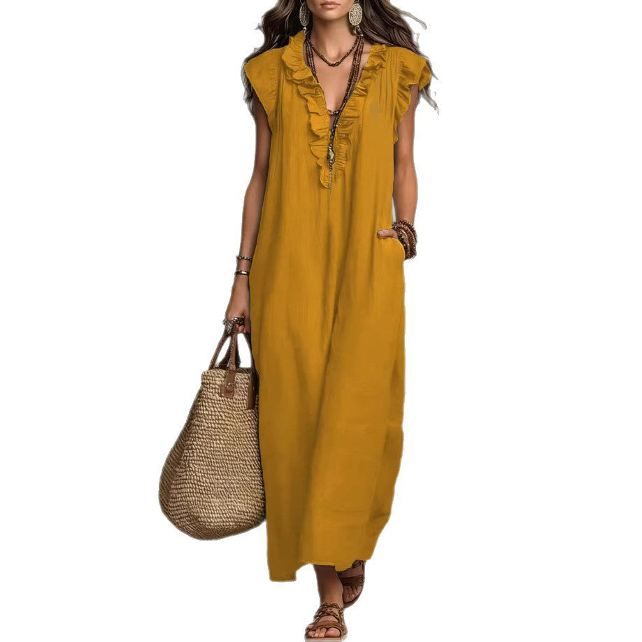 Ruffle-Trimmed Linen-Blend Maxi Dress