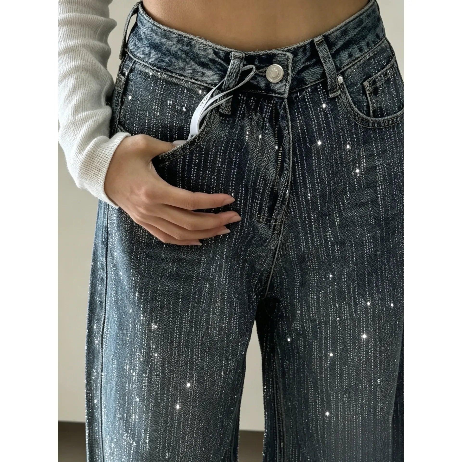 Blue Vintage Washed Sparkle Wide Leg Jeans