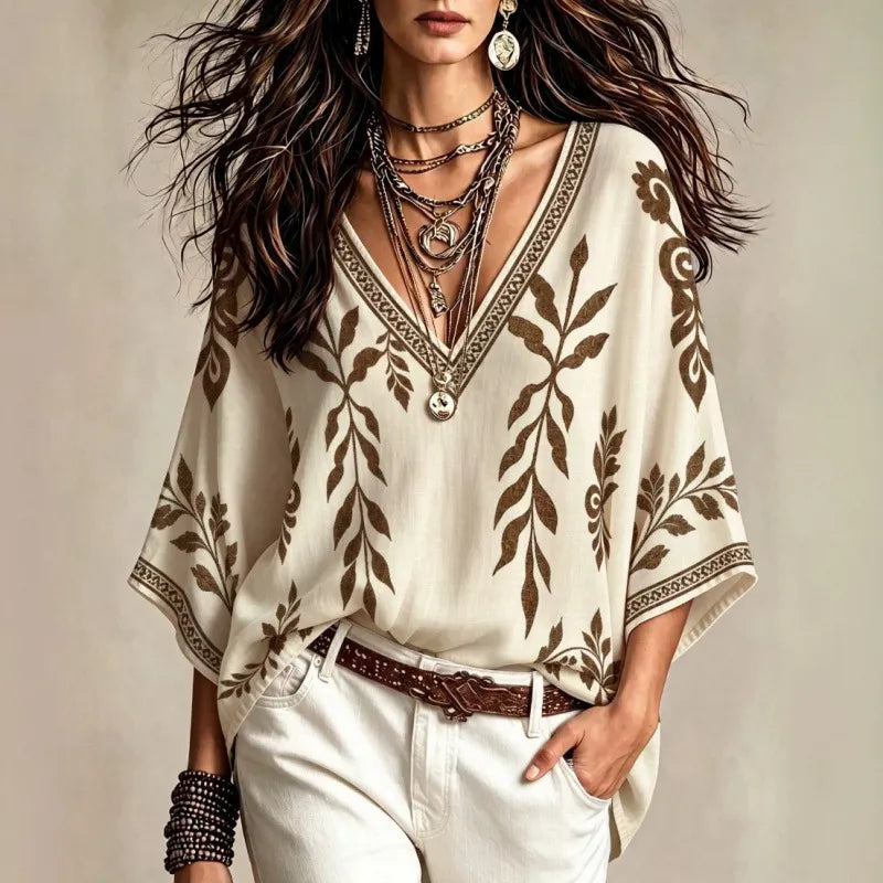 Boho Leaf Print V Neck Blouse | 3/4 Kimono Sleeve Loose Casual Tunic Top