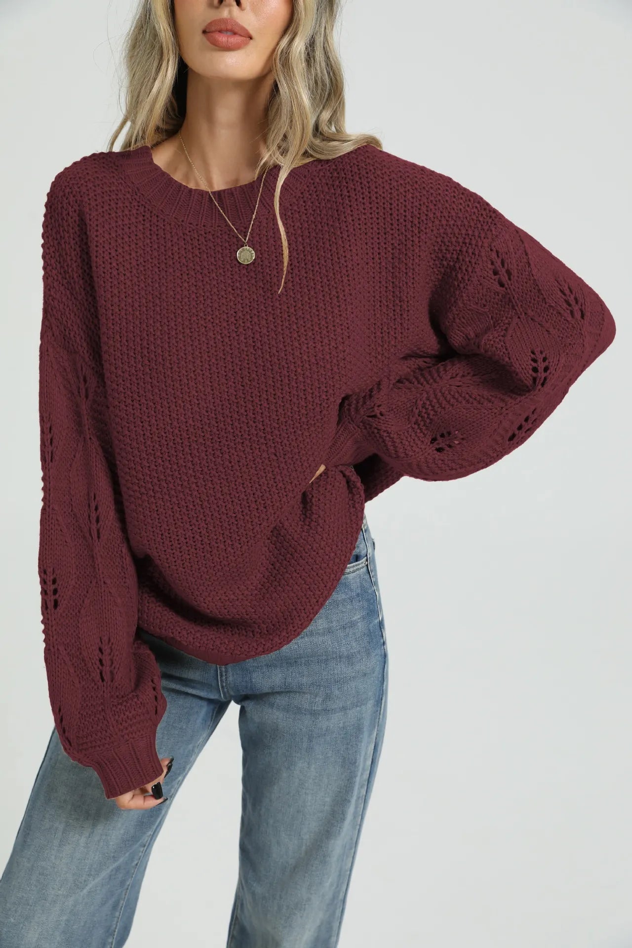 Round Neck Loose Hollow Knit Pullover Sweater