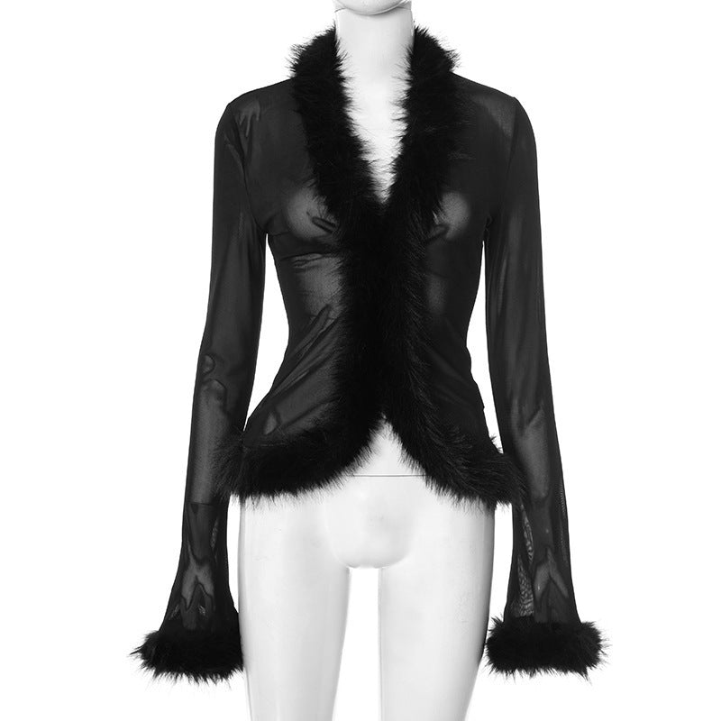 V-Neck See Through Mesh Blouse, Ladies Furry Faux Fur Edge Long Sleeve Slim Fit Nightclub Top
