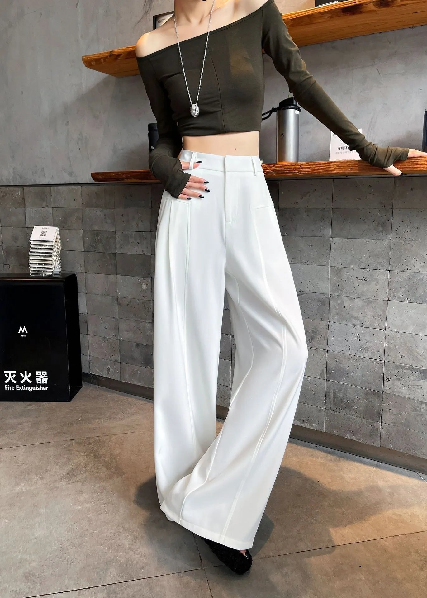 Matching Flowy Linen Look Mid Waist Pleated Wide Leg Straight Commuter Casual Long Pants