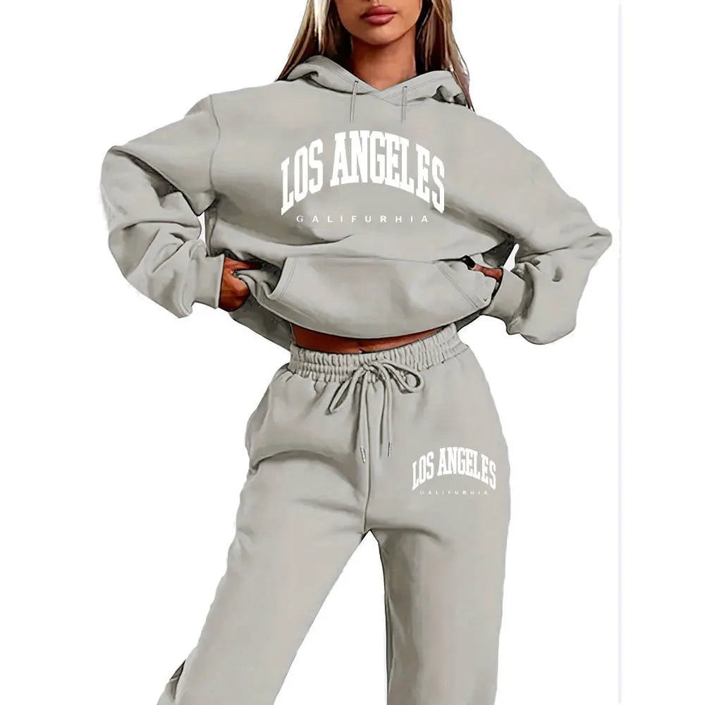 Los Angeles Letter Print Hoodie & Drawstring Sweatpants Two Piece Tracksuit
