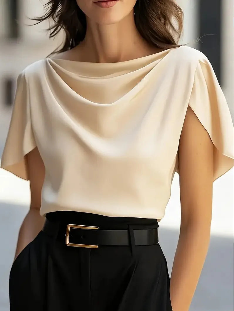 Solid Draped Neck Short Sleeve Casual Top