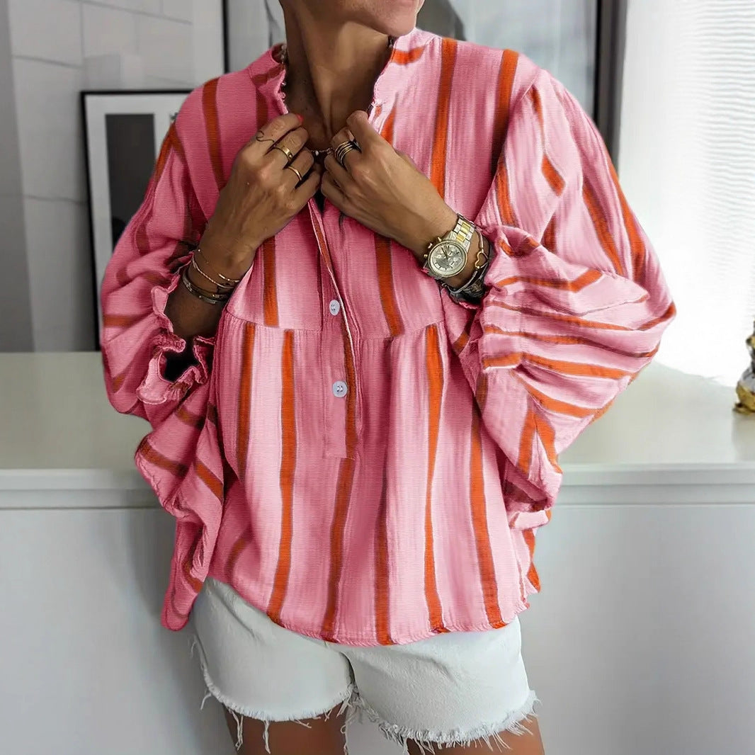 Striped Button-Down Bubble Sleeve Blouse