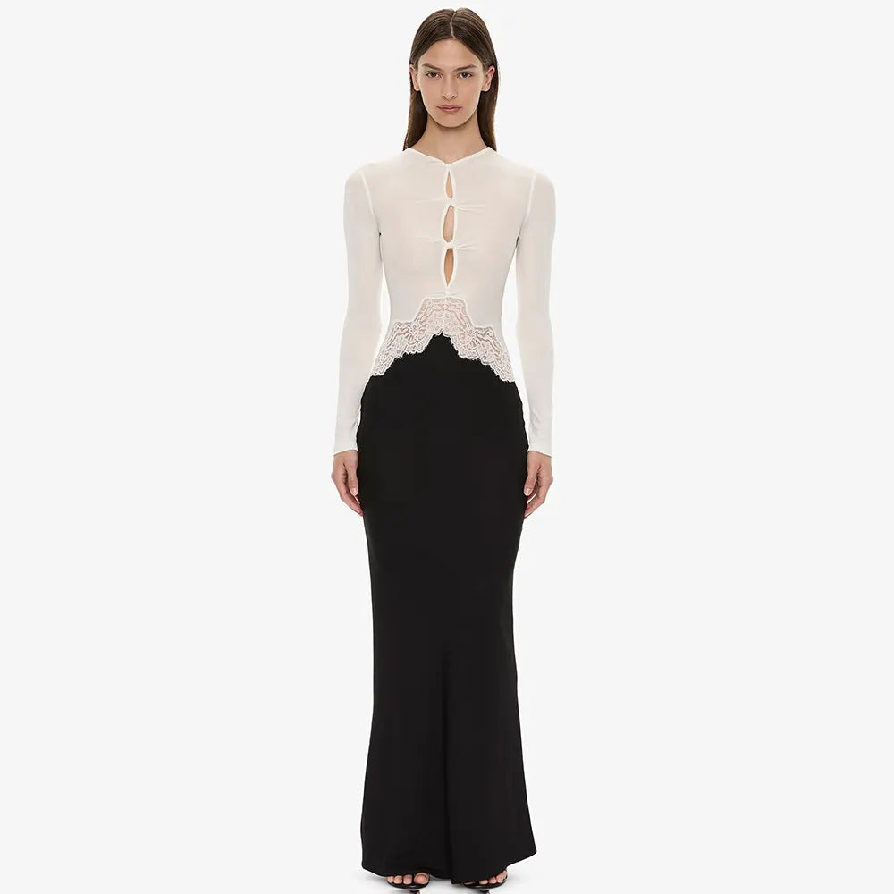 Contrast Color Spliced Hollow Out Long Sleeve Maxi Dress