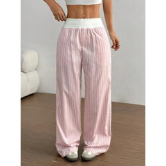 Elastic High Waist Striped Wide Leg Casual Pants
