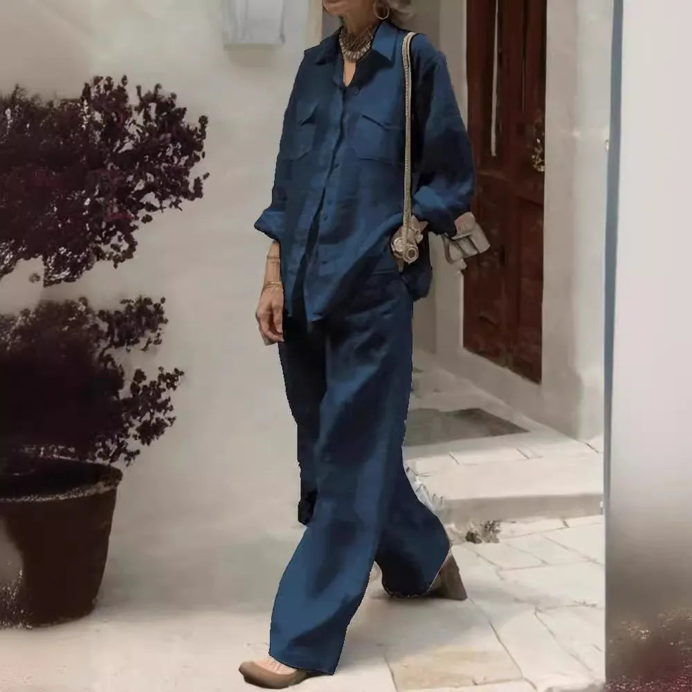 Linen Blend 2-Piece Outfit, Long Sleeve Button-Down Shirt and Wide Leg Pants Set