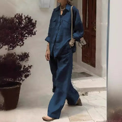 Linen Blend 2-Piece Outfit, Long Sleeve Button-Down Shirt and Wide Leg Pants Set