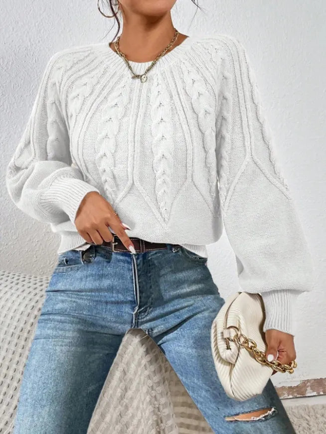 Crew Neck Cable Knit Sweater, Long Lantern Sleeve Loose Solid Pullover