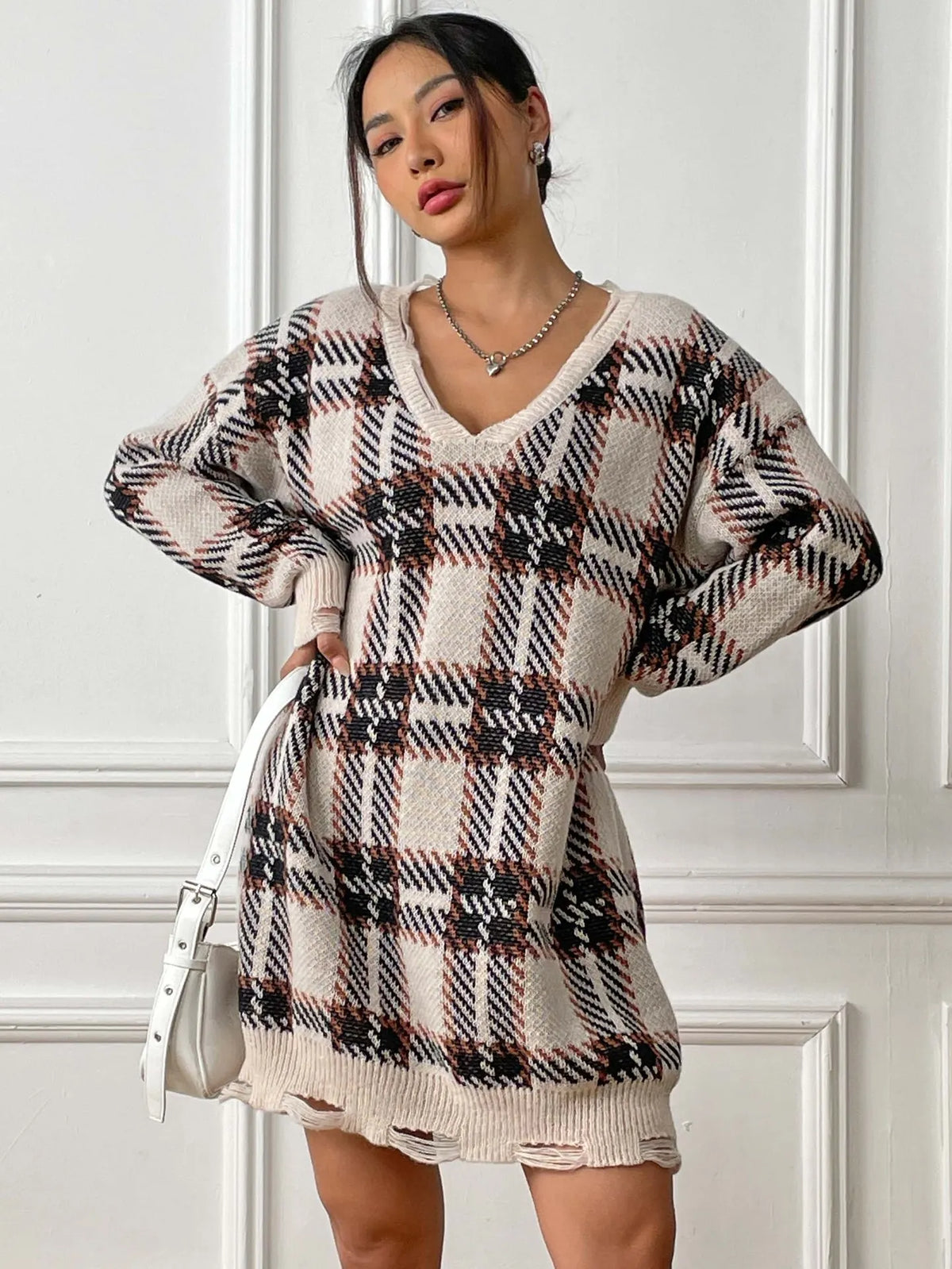 Plaid V-Neck Oversized Sweater Dress