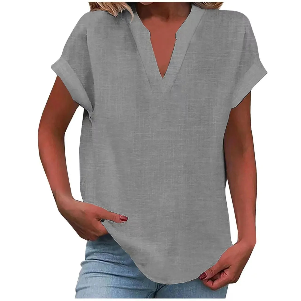 Notched V Neck Cuffed Short Sleeve Loose Cotton Linen Blouse