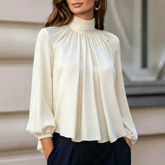 Mock Neck Pleated Chiffon Blouse Long Puff Sleeve Elegant Loose Work Shirt