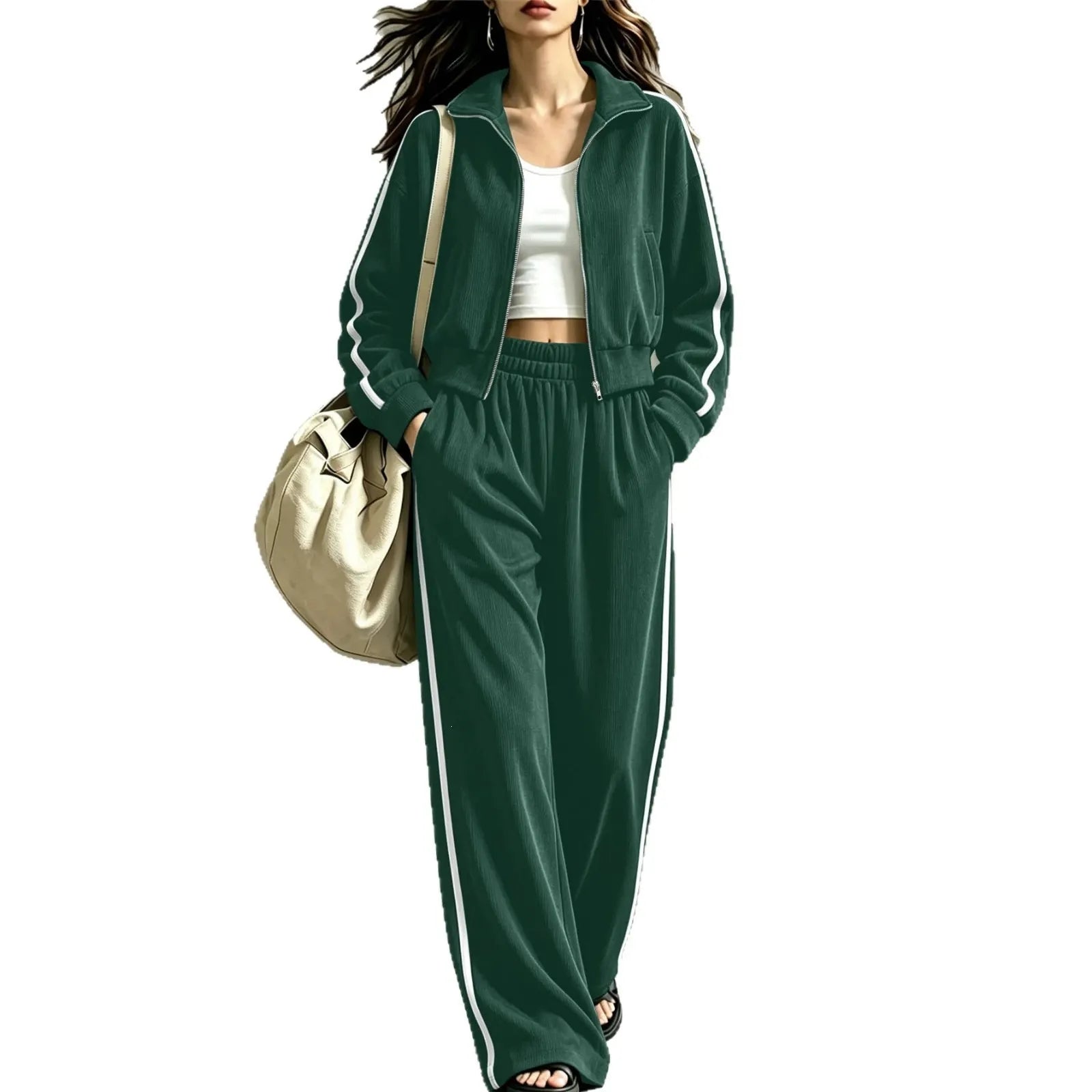 Side Stripe Athletic Sweatsuit, Stand Collar Zip Crop Jacket Elastic Waist Wide Leg Pants Set
