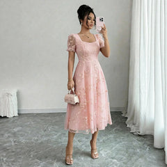 Solid Square Neck Ruffle Short Sleeve 3D Floral Embroidery High Waist A-Line Midi Dress