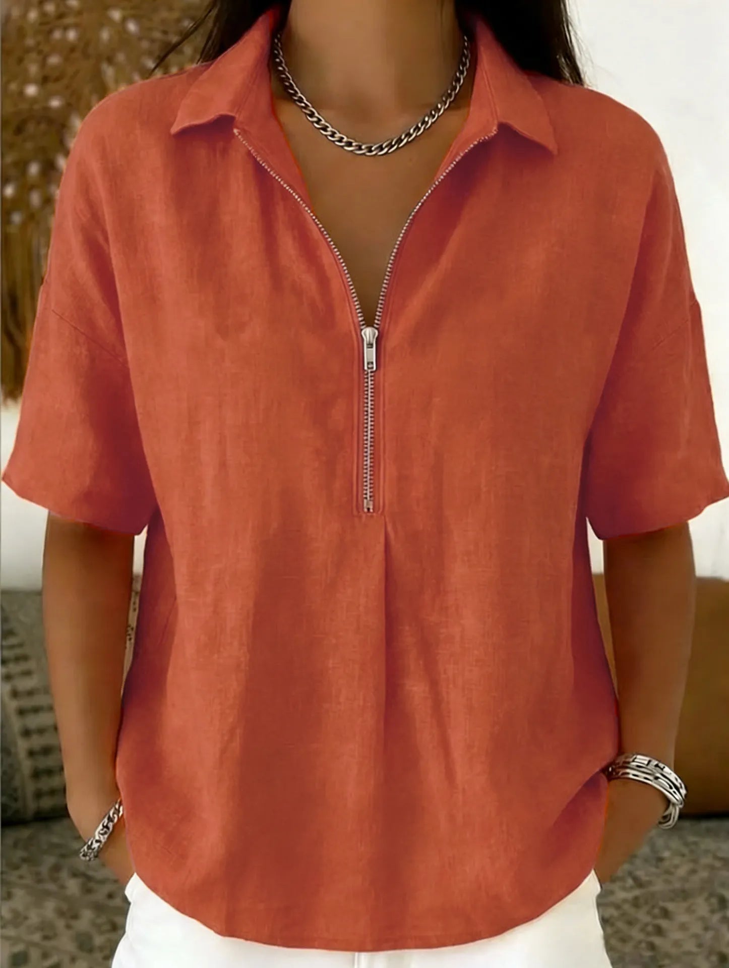 Solid Lapel Half Zip Short Sleeve Casual Top