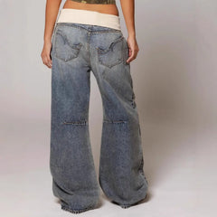 Curved Stitch Patchwork Baggy Washed Jeans