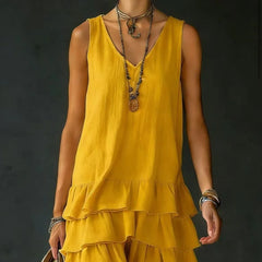 Sleeveless V-Neck Loose Tiered Ruffle Hem Solid Casual Mini Dress