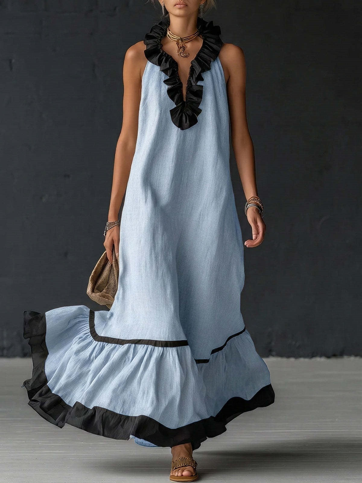 Contrast Ruffle V-Neck Sleeveless Maxi Dress
