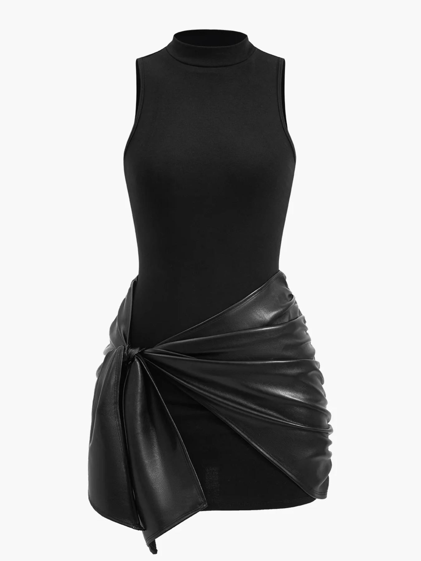 Mock Neck Bodycon Dress, Faux Leather Wrap Tie Detail Mini Dress
