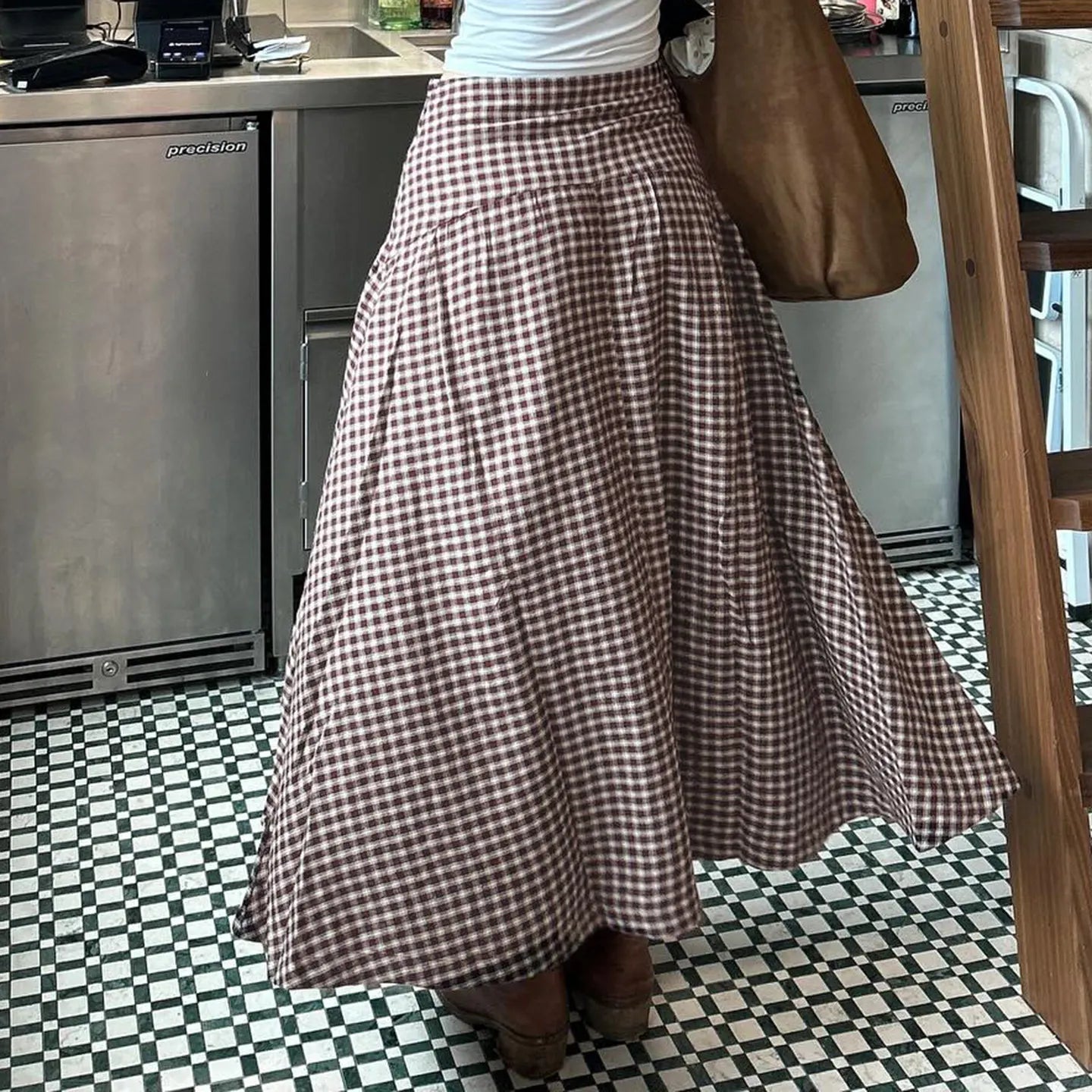 Gingham Plaid Elastic Waist Midi Flared Skirt