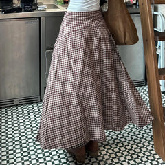 Gingham Plaid Elastic Waist Midi Flared Skirt