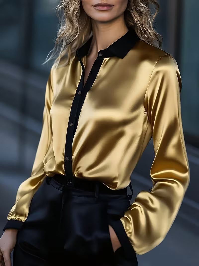 Contrast-Collar Satin Button-Down Shirt