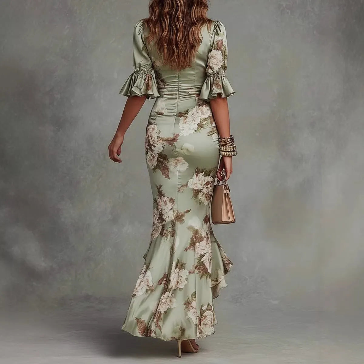 Deep V Neck Flare Short Sleeve Floral Print High Waist Slim Midi Mermaid Dress