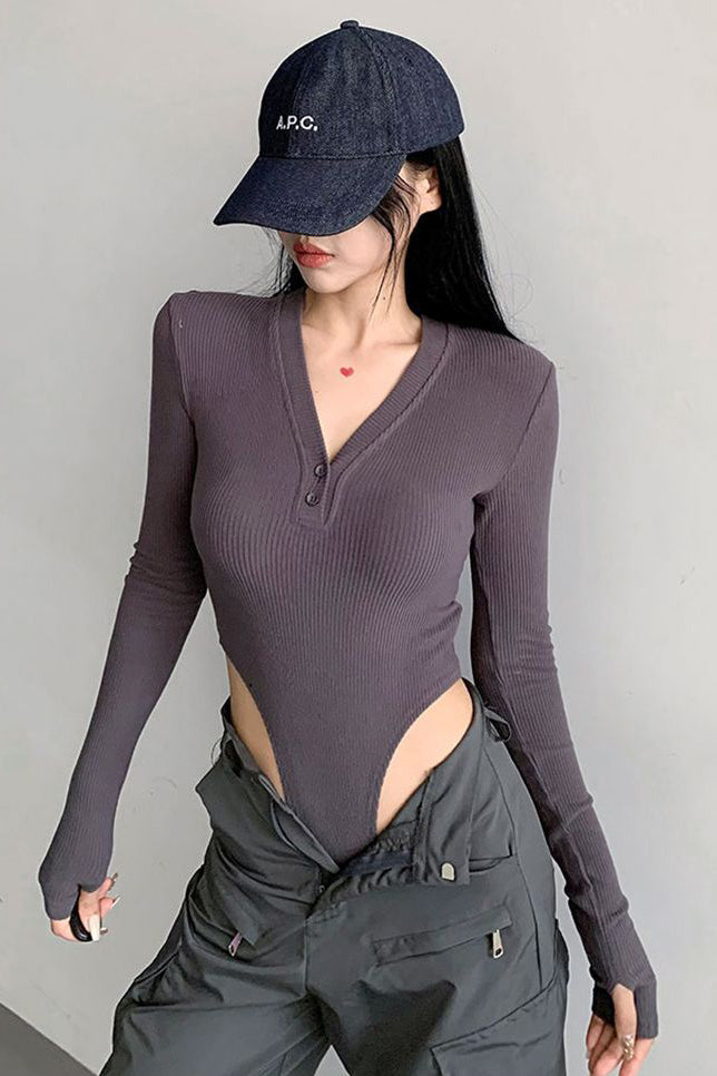 Buttons V-Neck Long Sleeve Tight Bodysuit