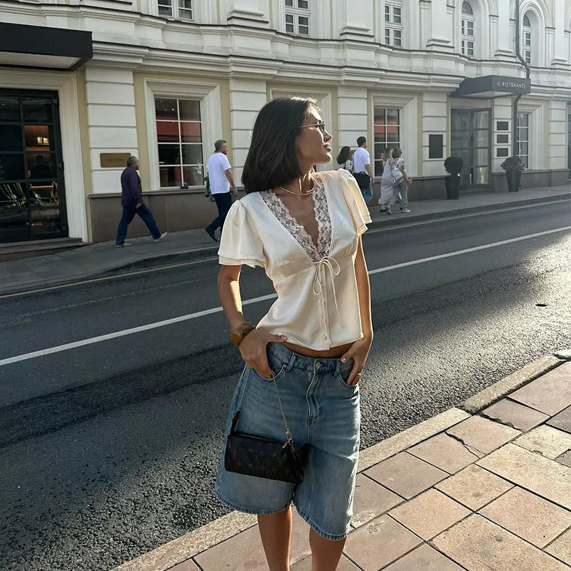 Cream Satin Lace Trim V-Neck Tie Front Blouse