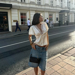 Cream Satin Lace Trim V-Neck Tie Front Blouse