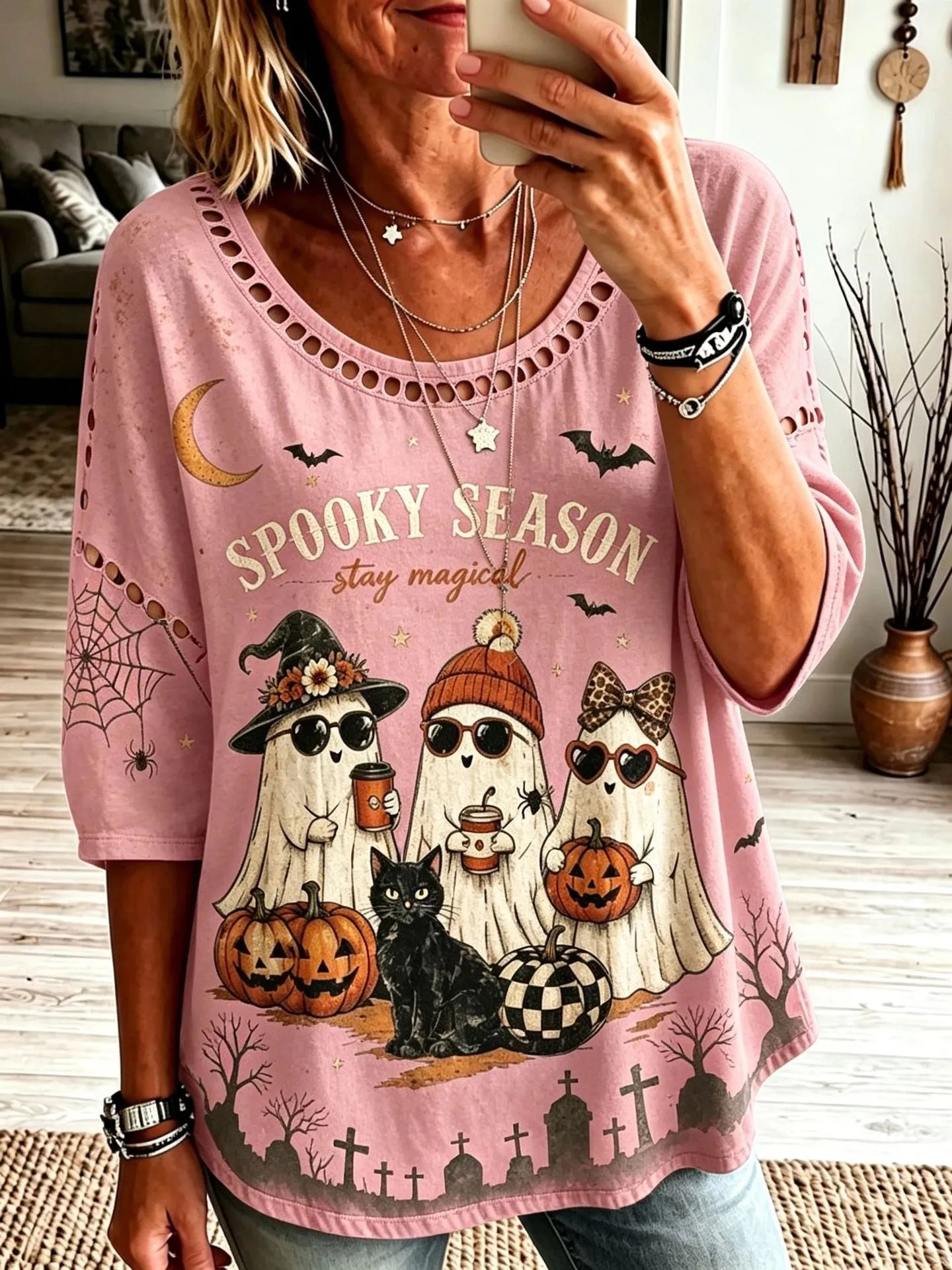 Halloween Spooky Season Ghost Pumpkin Print Crew Neck Short Sleeve T‑Shirt