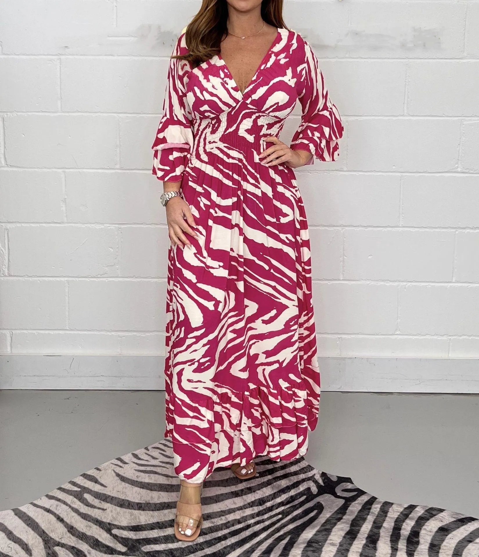 Abstract Print V-Neck Long Sleeve Maxi Dress
