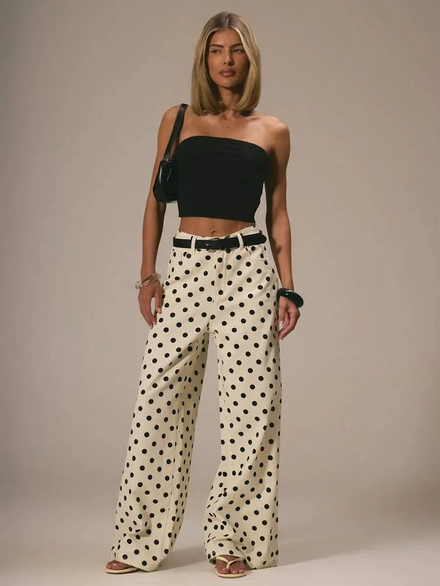 Polka Dot High Waist Straight Wide Leg Pants