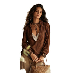 Lapel Solid Brown Non-Stretch Oversized Long Sleeve Casual Shirt