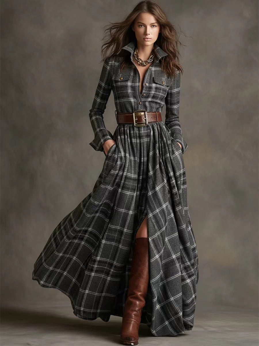 Vintage Western Tartan Plaid Maxi Dress for Collared Long Sleeve Flowy A Line Shirt Dress