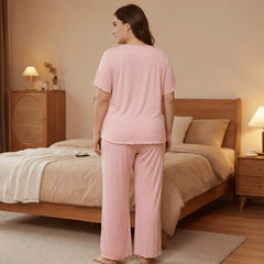 Curvy Ladies 2 Piece Sleepwear, Black Wrap Style Lace Trim Short Sleeve Top & Wide Leg Pants Pj Set