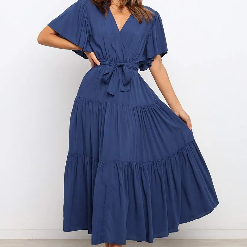 V Neck Flutter Short Sleeve Belted Tiered Maxi Swing Dress