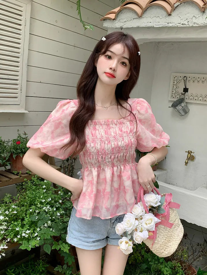 Tie-Dye Square Neck Puff Short Sleeve Peplum Top