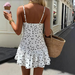 Polka Dot Ruched Bust Ruffle Hem Slip Mini Dress