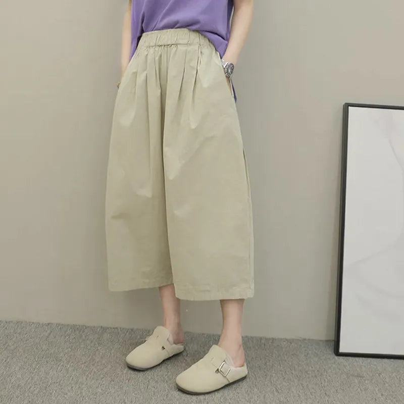 Mid Waist Loose Straight Cropped Casual Pants