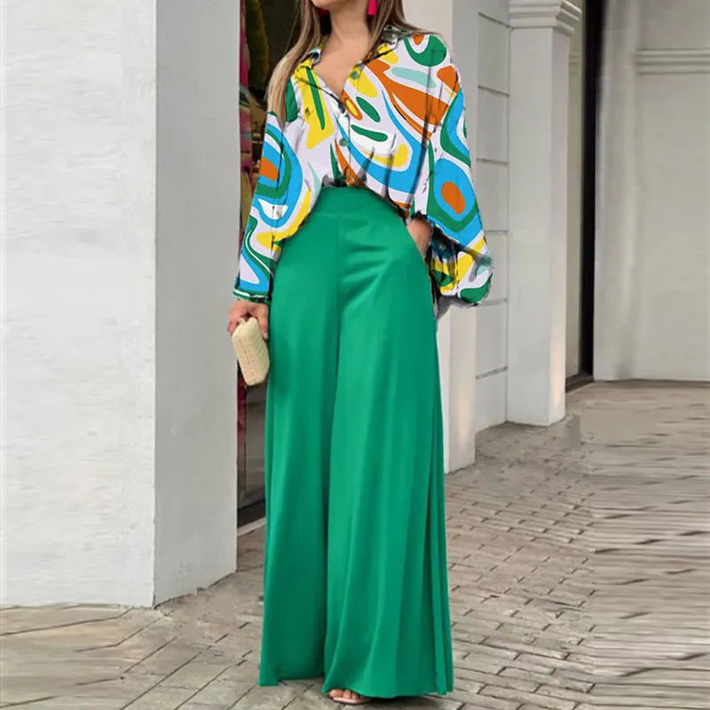 Floral Print Long Sleeve Shirt & Wide Leg Pants Two Piece Set